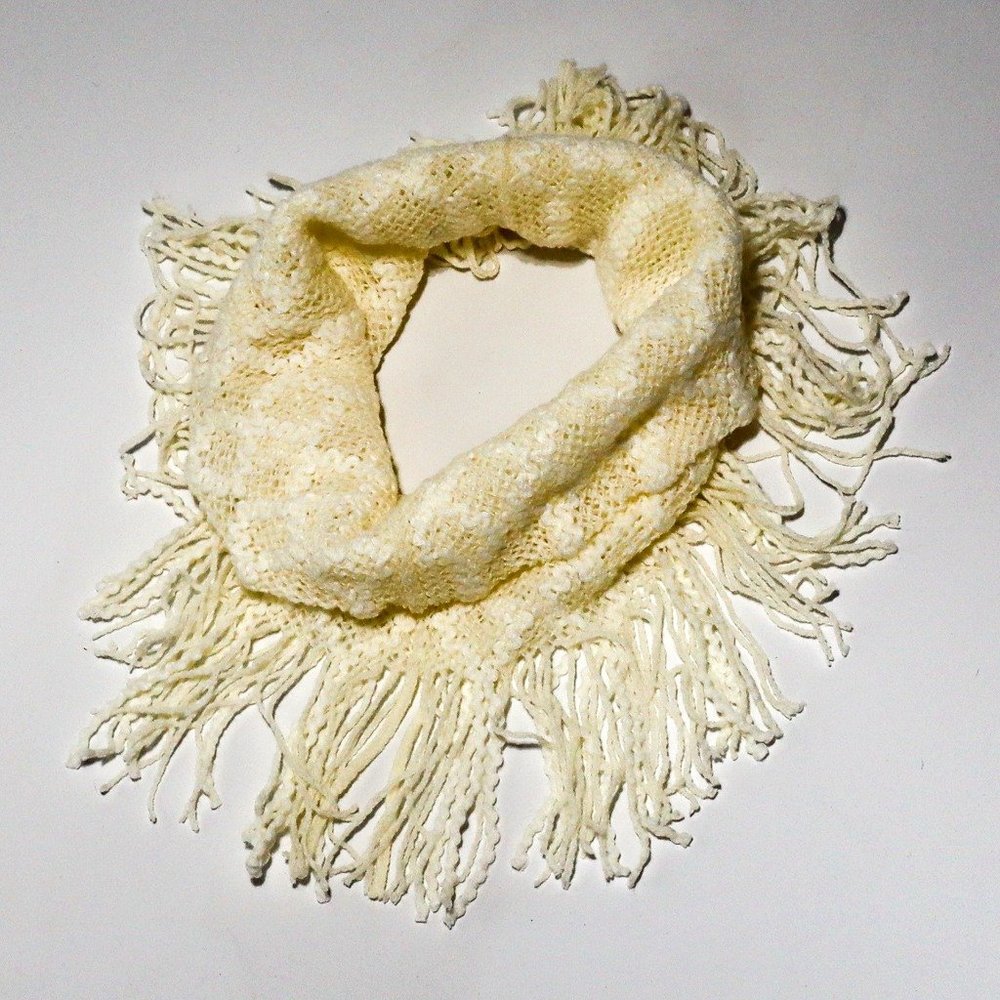 Vintage Boho Fringe Infinity Scarf Geometric Open Weave Ivory Funnel Scarf Cozy